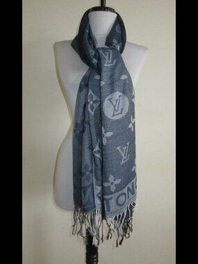 Louis Vuitton Navy & Gray Monogram Long Scarf/Shawl with Fringe